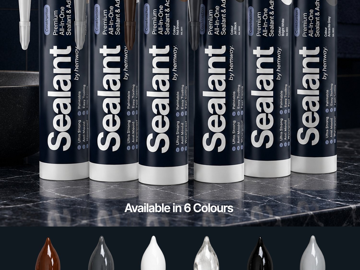 The Hemway Construction sealant range shown in all six colours