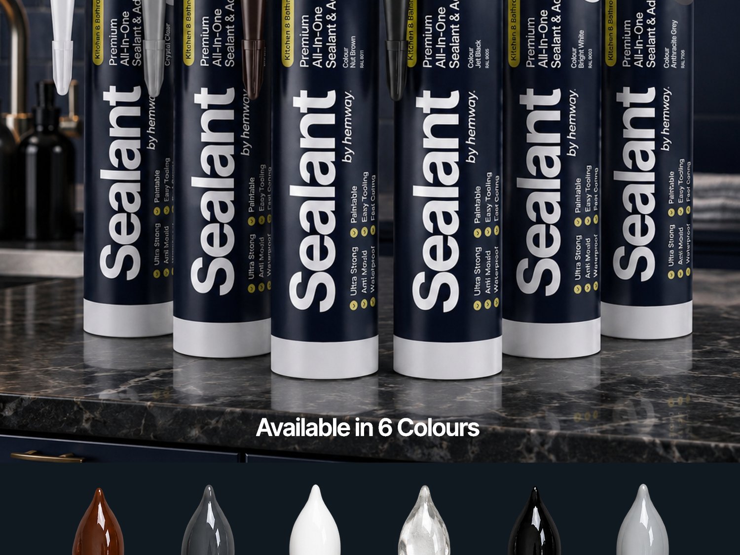 The Hemway Kitchen & Bathroom sealant range shown in all six colours