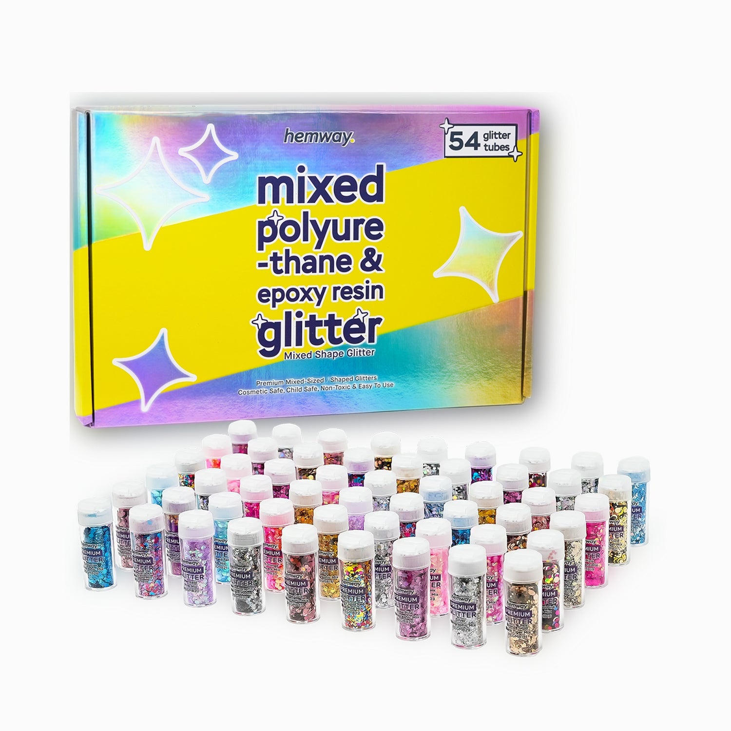 54 Mixed Glitter Tube Box Set | For Epoxy Resin | Polyurethane, Craft
